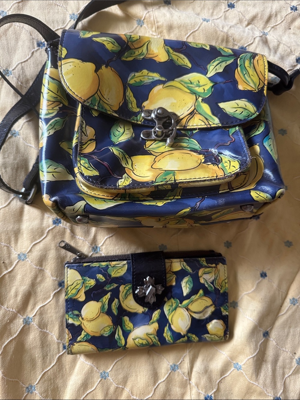 Patricia Nash Navy and Yellow Lemon-Print Crossbody Bag with Wallet